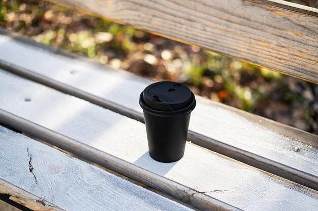 Taza de café desechable en un banco en el parque en la mañana congelada