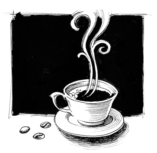 Foto taza de cafe. dibujo a tinta en blanco y negro