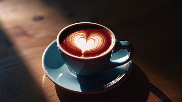 Una taza de café con un diseño de corazón en el borde.