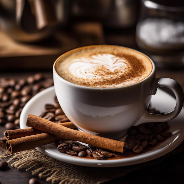 Una taza de café con un diseño de corazón en el borde.