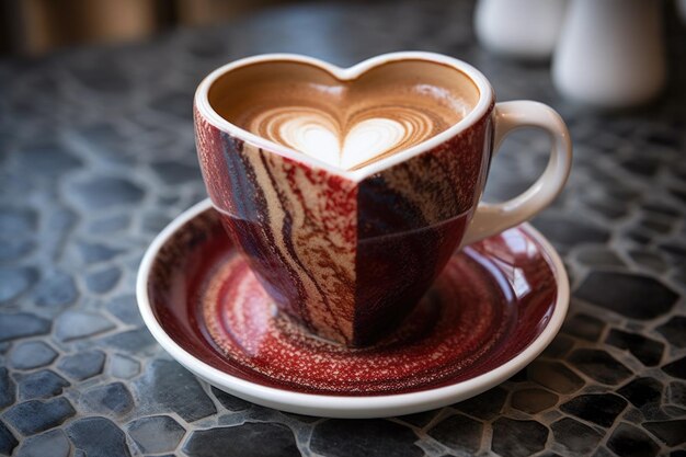 Taza de café con diseño de espuma en forma de corazón en la mesa creada con ai generativo