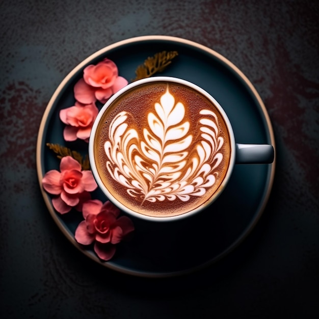 Una taza de café con un diseño floral en el borde.