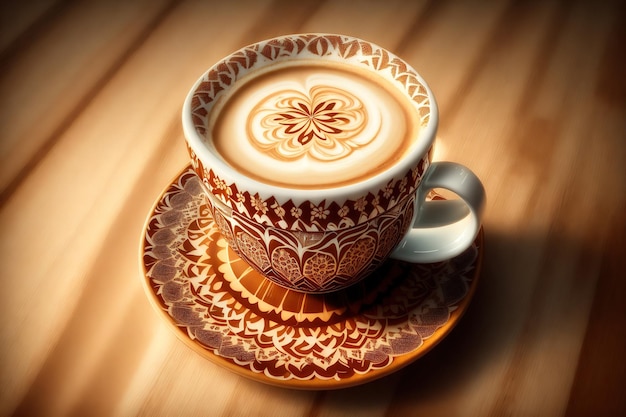 Una taza de café con un diseño floral