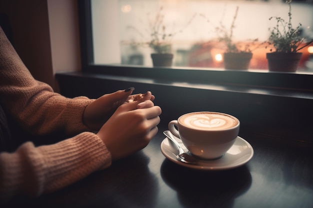 Una taza de café con un diseño en forma de corazón en el borde