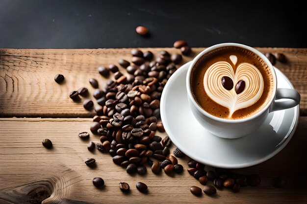 Una taza de café con un diseño en forma de corazón en la parte superior.