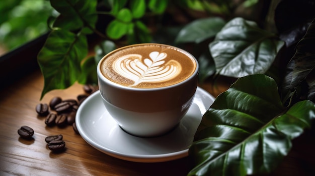 Una taza de café con un diseño de hojas en el borde.