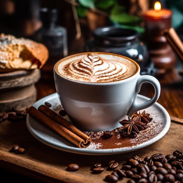 Una taza de café con un diseño de hojas en el borde.