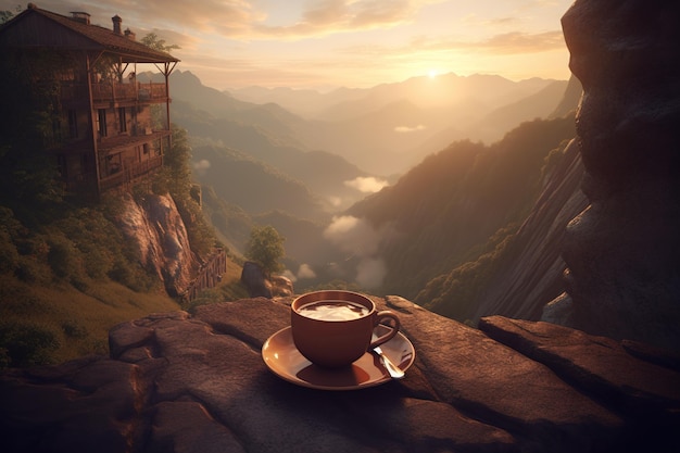 una taza de café disfrutando de la vista desde la cima de un acantilado