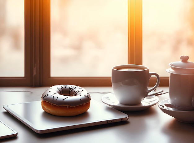 Una taza de café y un donut en una tableta junto a una taza de café.