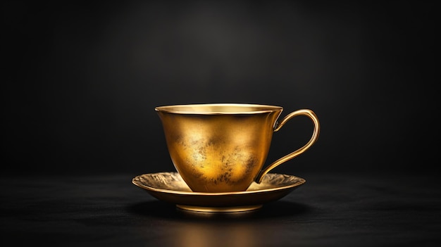Taza de café dorada aislada sobre un fondo negro