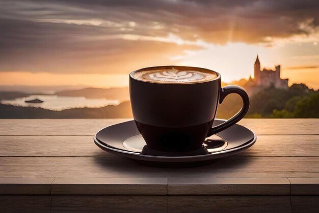una taza de café elegante en un elegante castillo francés y jardín de fondo plantilla de marca de café