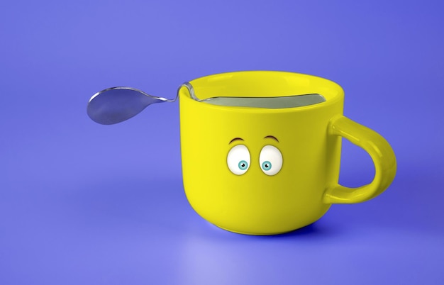 Taza de café emocional sobre un fondo azul Una taza de café con ojos pensativos Espacio de copia de vista lateral