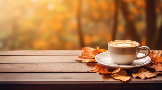 Una taza de café enclavada entre las hojas de otoño en una mesa de madera