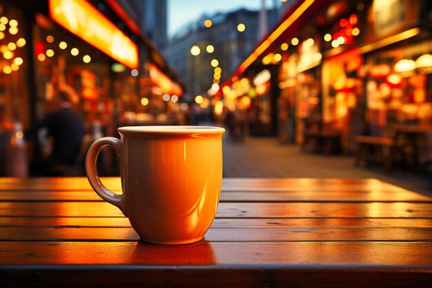 una taza de café se encuentra en una mesa frente a una tienda