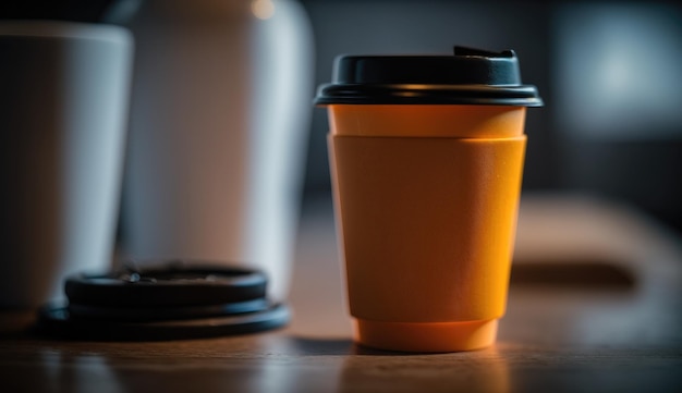 Una taza de café se encuentra sobre una mesa con una tapa que dice café.