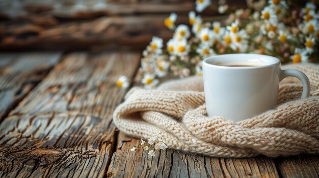 Una taza de café envuelta en una manta