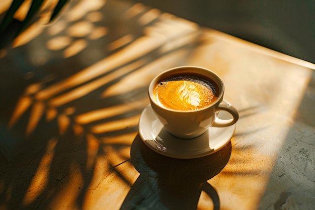 Una taza de café espresso bañada en la suave luz solar difusa que fluye a través de una ventana cercana