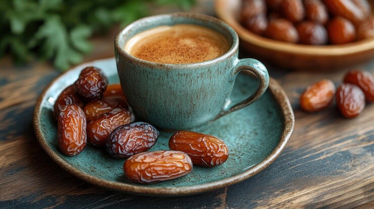Una taza de café espresso con dátiles en una mesa de madera