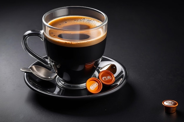 Una taza de café espresso en fondo negro con cápsula de café