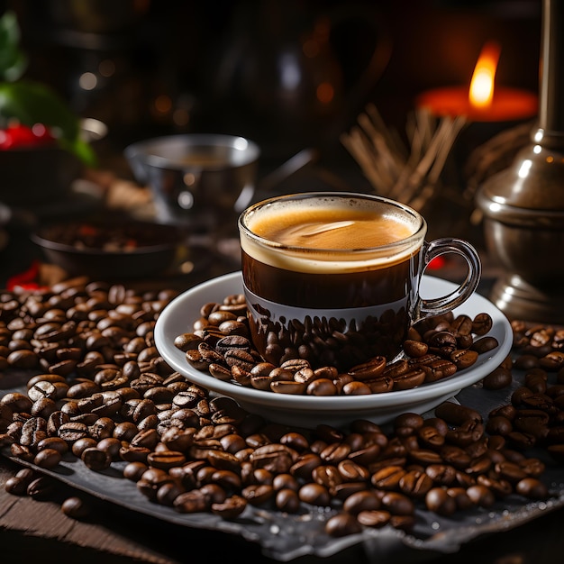 Taza de café espresso con frijoles en mesa Vintage