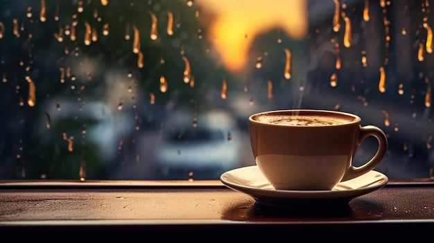 La taza de café está en el alféizar de la ventana con una gota húmeda Generative Ai