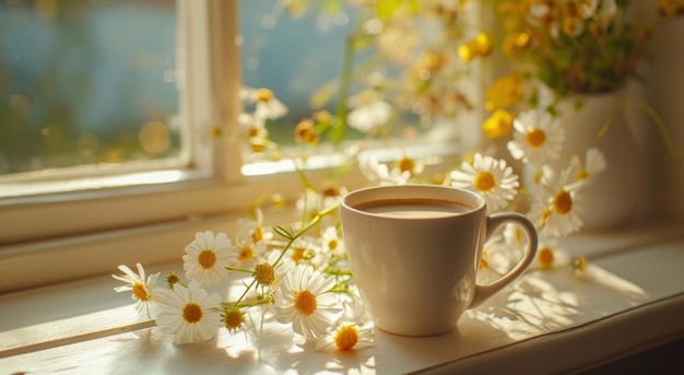 una taza de café está en el alféizar de una ventana junto a las flores