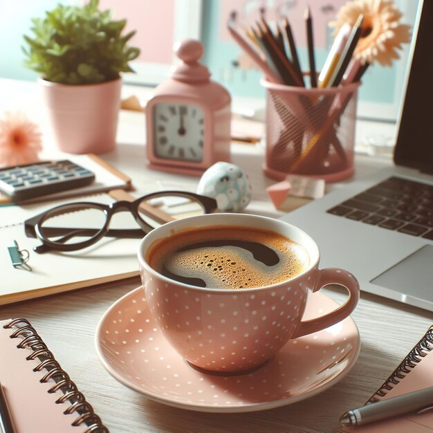 Una taza de café está en el escritorio de la oficina al lado de un reloj calculador portátil y gafas