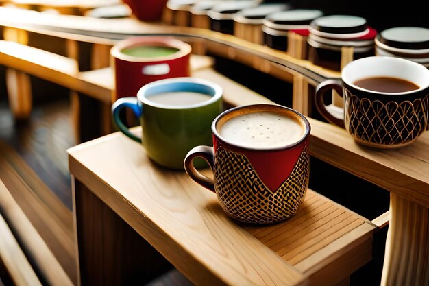 una taza de café está en un estante con otras tazas.