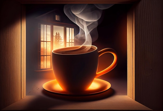 Una taza de café está en una ventana de la que sale humo.