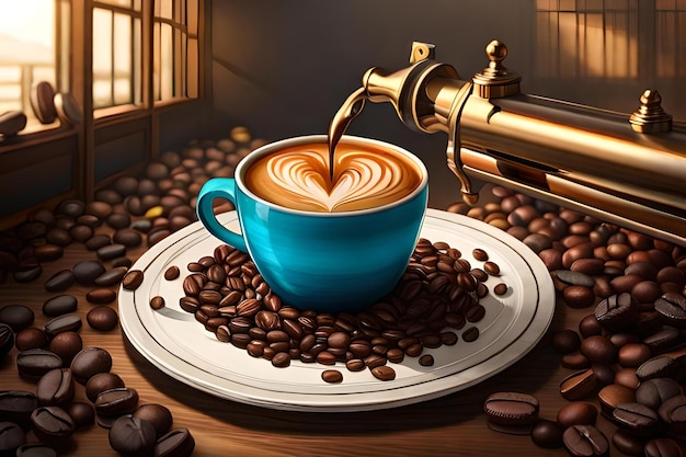 Una taza de café está vertiendo una forma de corazón en una taza de café.