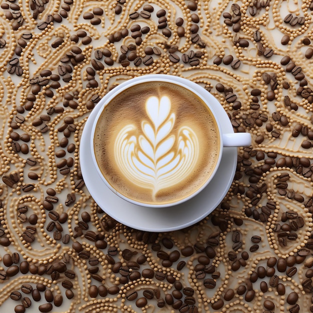 una taza de café en un estilo de arte mandala de ángulo plano hiperrealista hermosa luz de ensueño llena