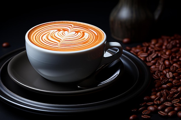 taza de café en el estilo de la fotografía fluida taza blanca en un plato negro