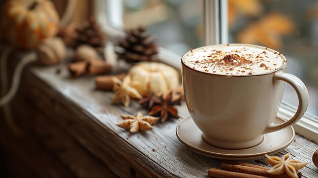 una taza de café con una estrella en ella y una estrella en forma de estrella en la parte superior