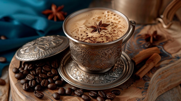 una taza de café con una estrella en forma de cima se sienta en una mesa con granos de café