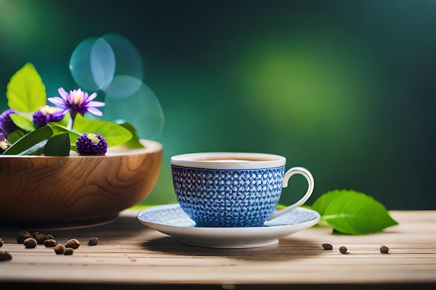 Una taza de café con una flor al fondo.