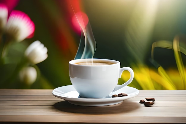 Una taza de café con una flor al fondo.