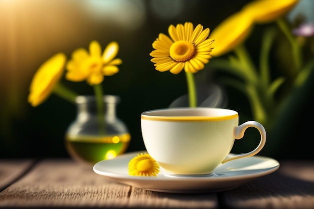 Una taza de café con una flor amarilla al fondo.