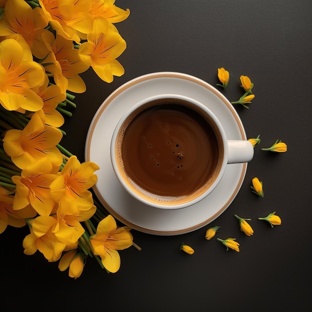 Una taza de café con una flor amarilla al lado.