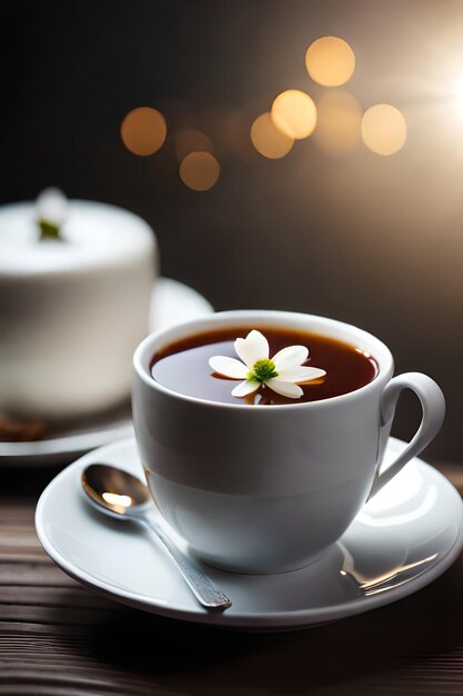 Una taza de café con una flor blanca encima