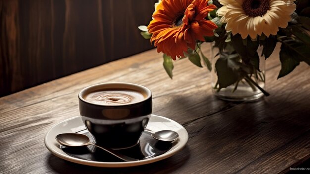 Una taza de café y una flor en una mesa de madera