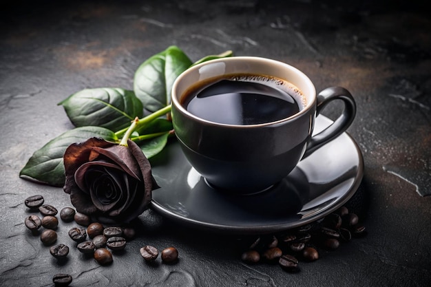 una taza de café y una flor en una mesa