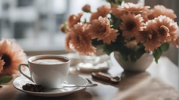 una taza de café y una flor en una mesa