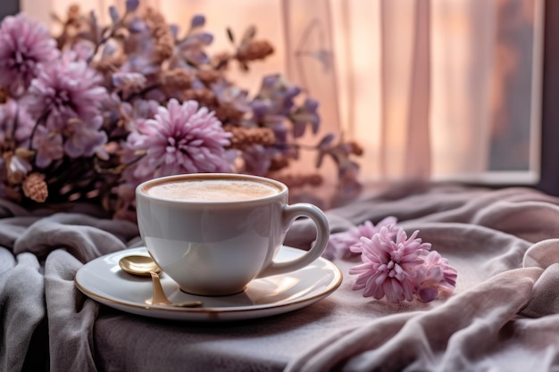 Una taza de café con una flor sobre la mesa.