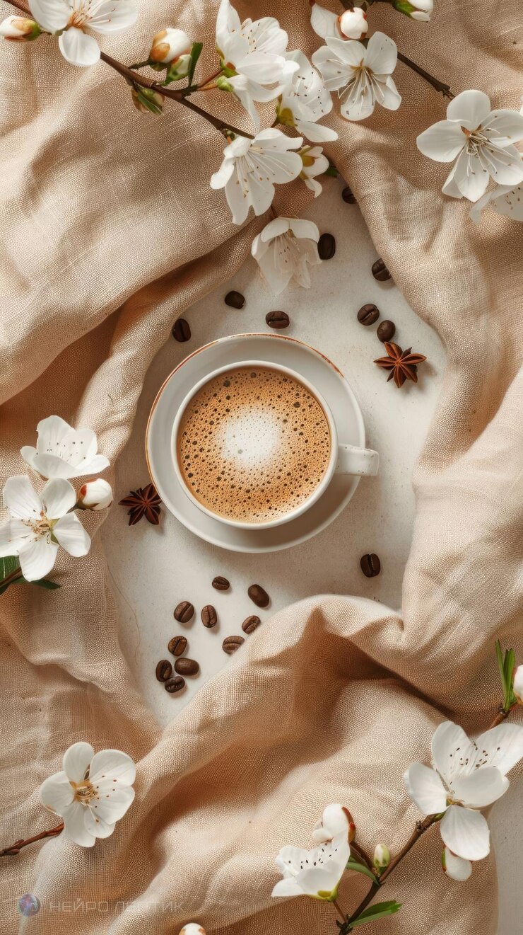 Una taza de café con una flor y una taza de cafe