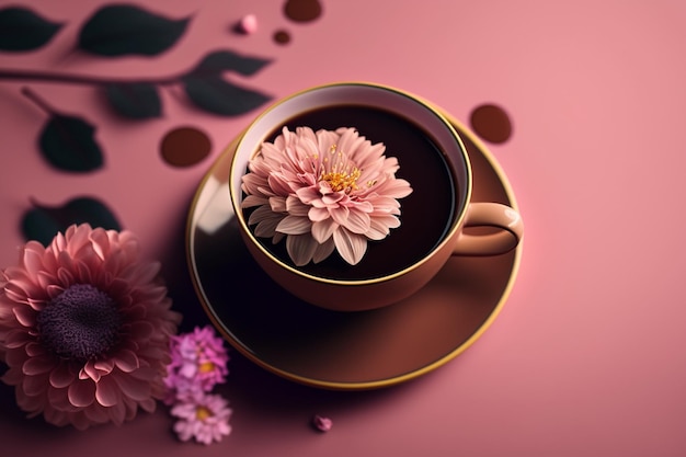 Una taza de café con una flor