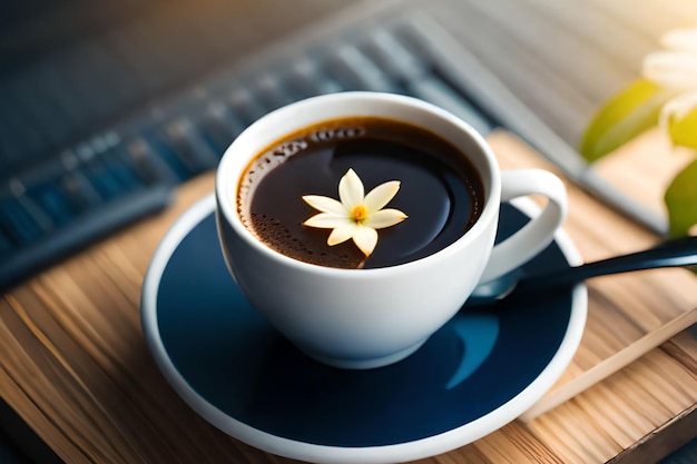 Una taza de café con una flor