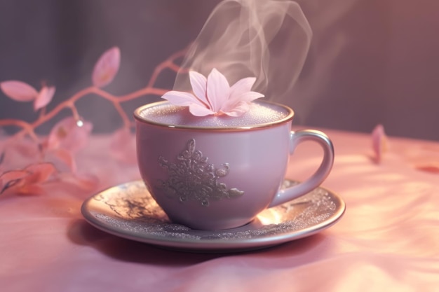 Una taza de café con una flor