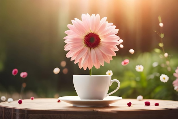 Foto una taza de café con flores de colores en el fondo oscuro generativo ai