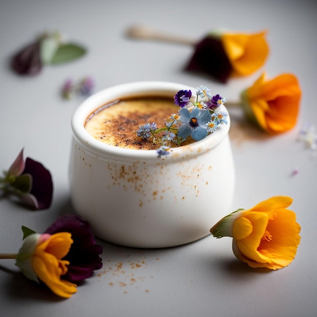 Una taza de café con flores y una flor azul al costado.