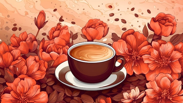 Una taza de café con flores en el fondo.